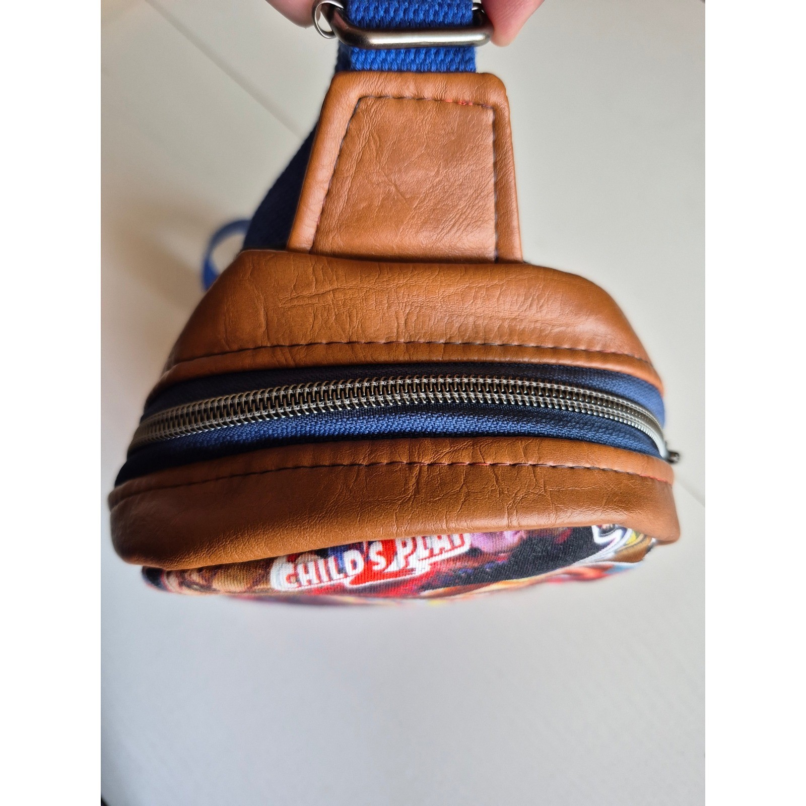 Chucky Childs Play Horror Sling Bag Brown Blue Adjustable Crossbody Mini Pack
