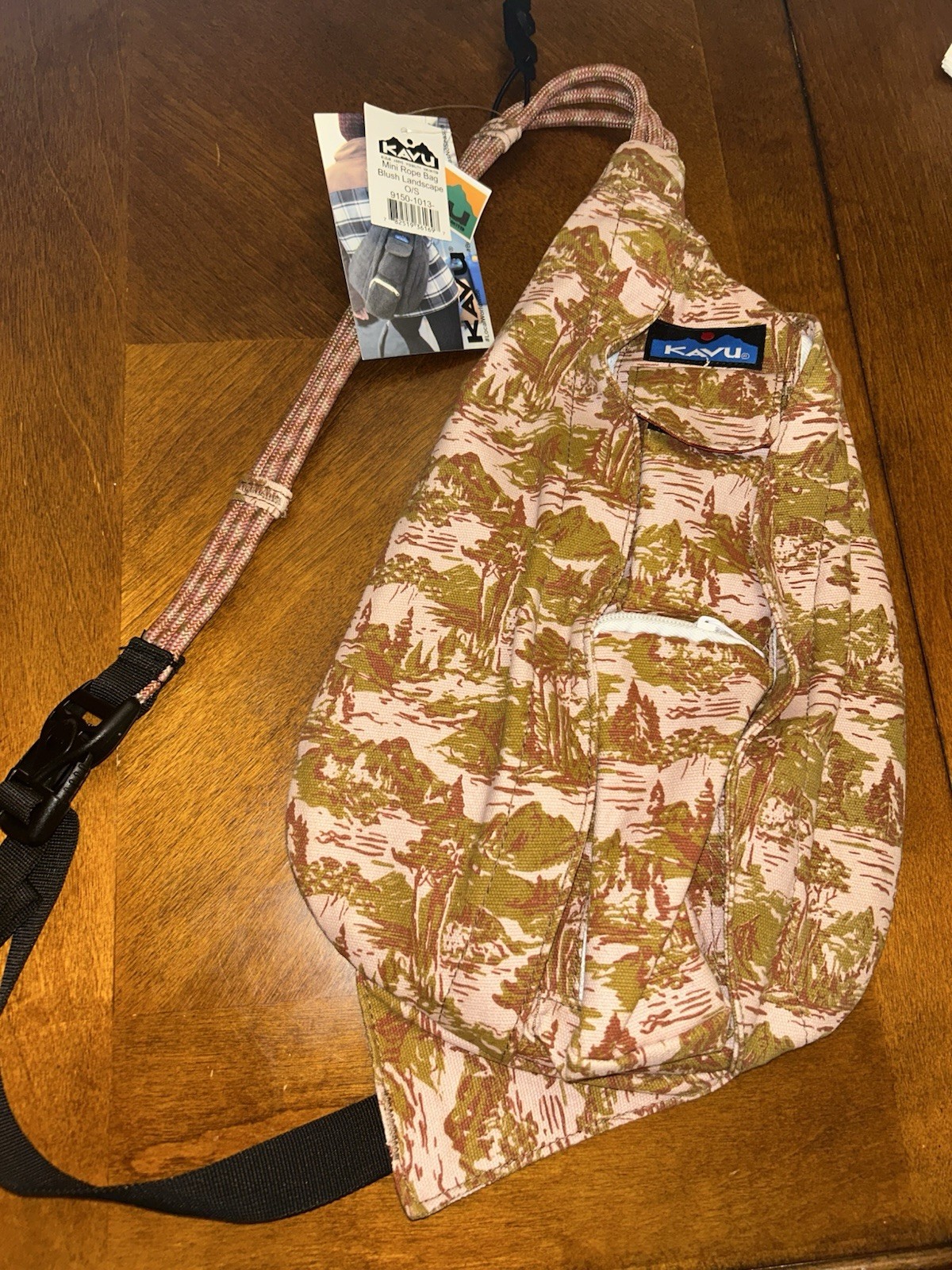 KAVU Mini Rope Sling Bag Landscape Pattern Pink Green Brown, Adjustable Strap
