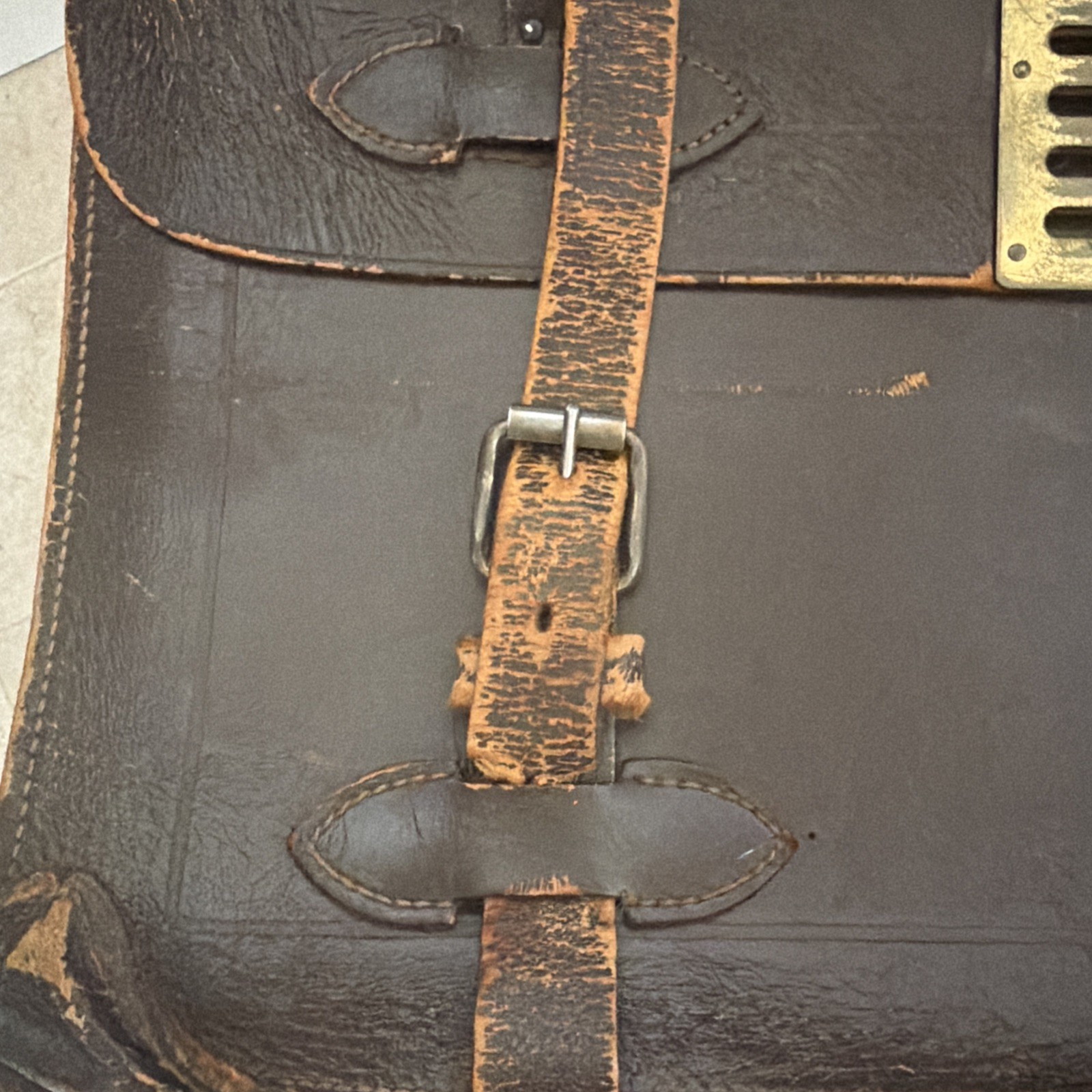 Vintage 40s Brown Leather Briefcase Military Style Rugged Messenger Bag Brass