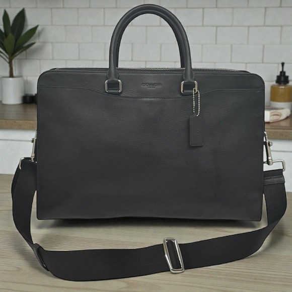 NWT COACH Beckett 2-Way Structured Black Leather Shoulder Business Briefcase New