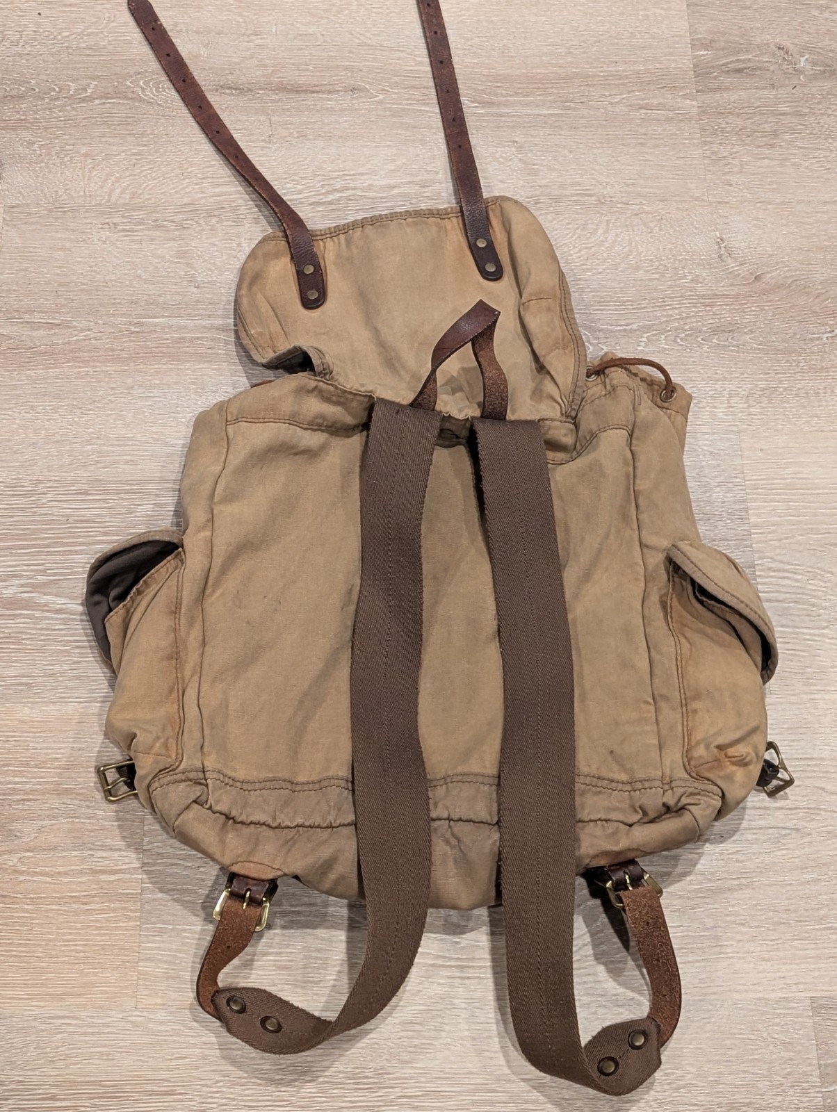 J. Crew Dry Goods Drawstring Abingdon Backpack Canvas Leather Trim Beige