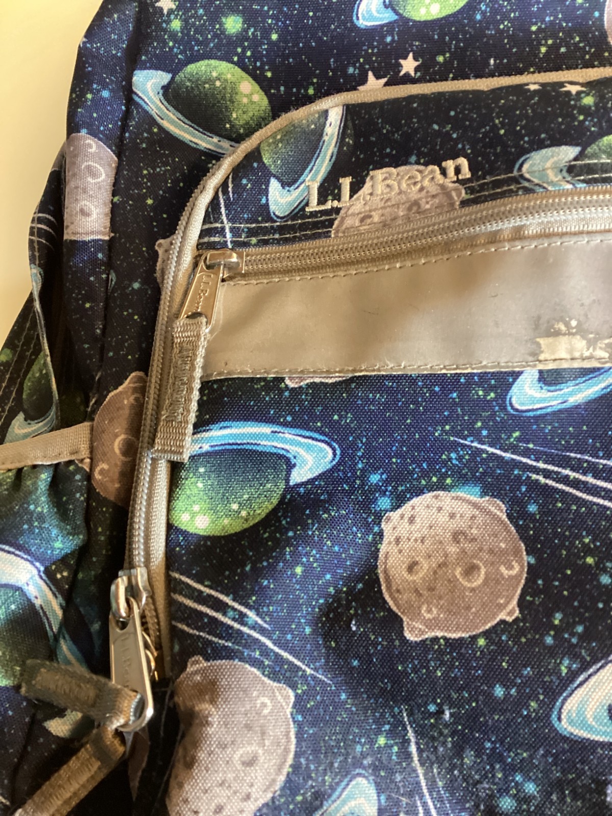 LL Bean Vintage Space Backpack Navy Blue with Planets and Stars, Many Pockets