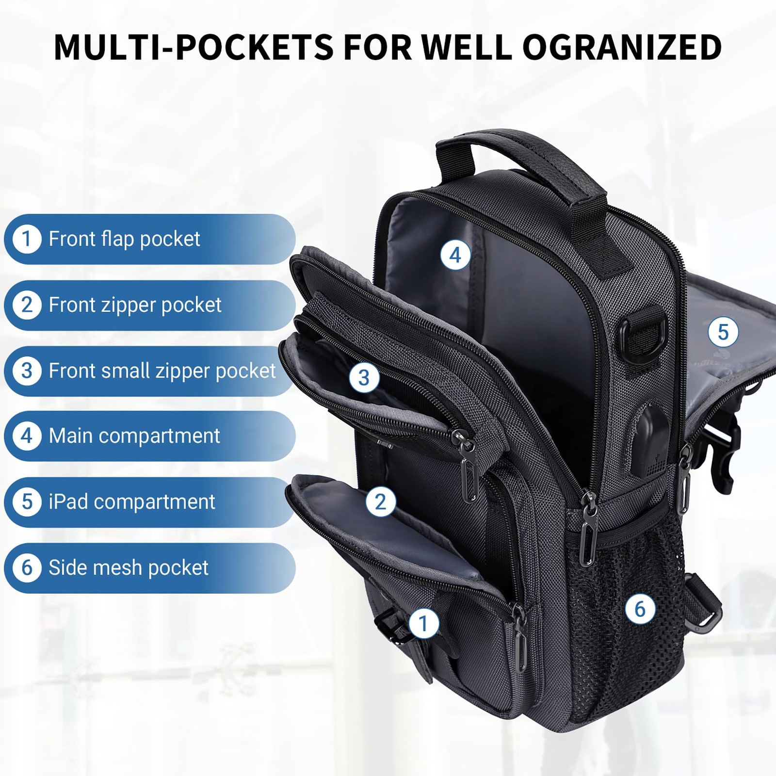 Sling Bag for Men Convertible Sling Backpack with USB Charging Port