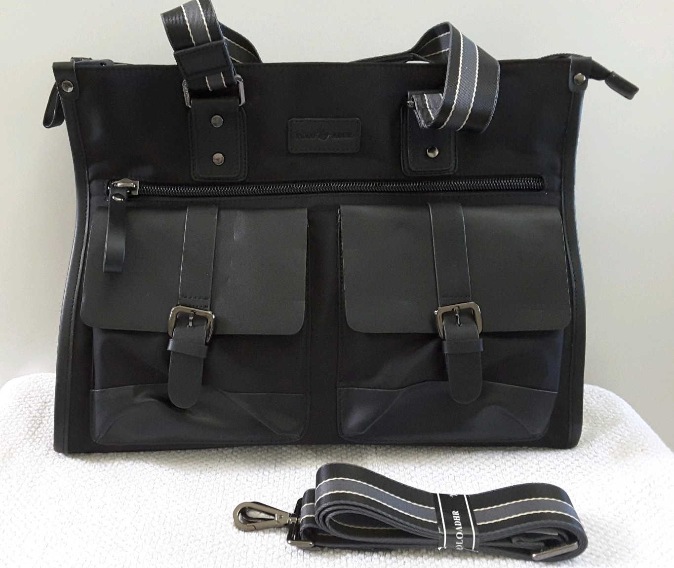 Black Briefcase Satchel Nylon Faux Leather Accents Tablet Pocket