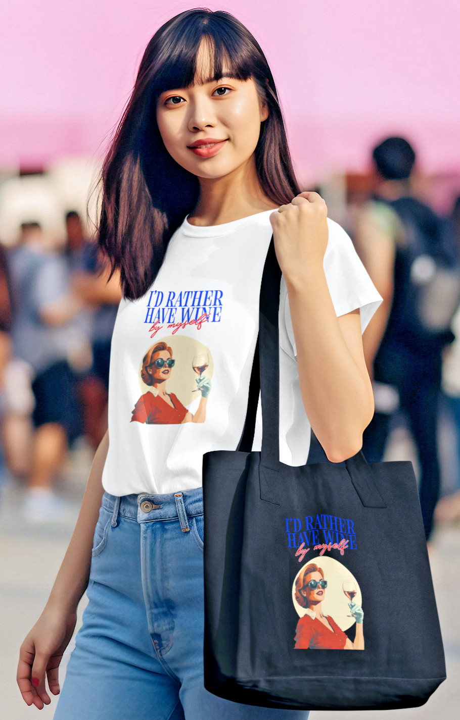 Organic Cotton, Eco Friendly Tote Bag, Black, “I’d Rather Drink Wine By Myself”