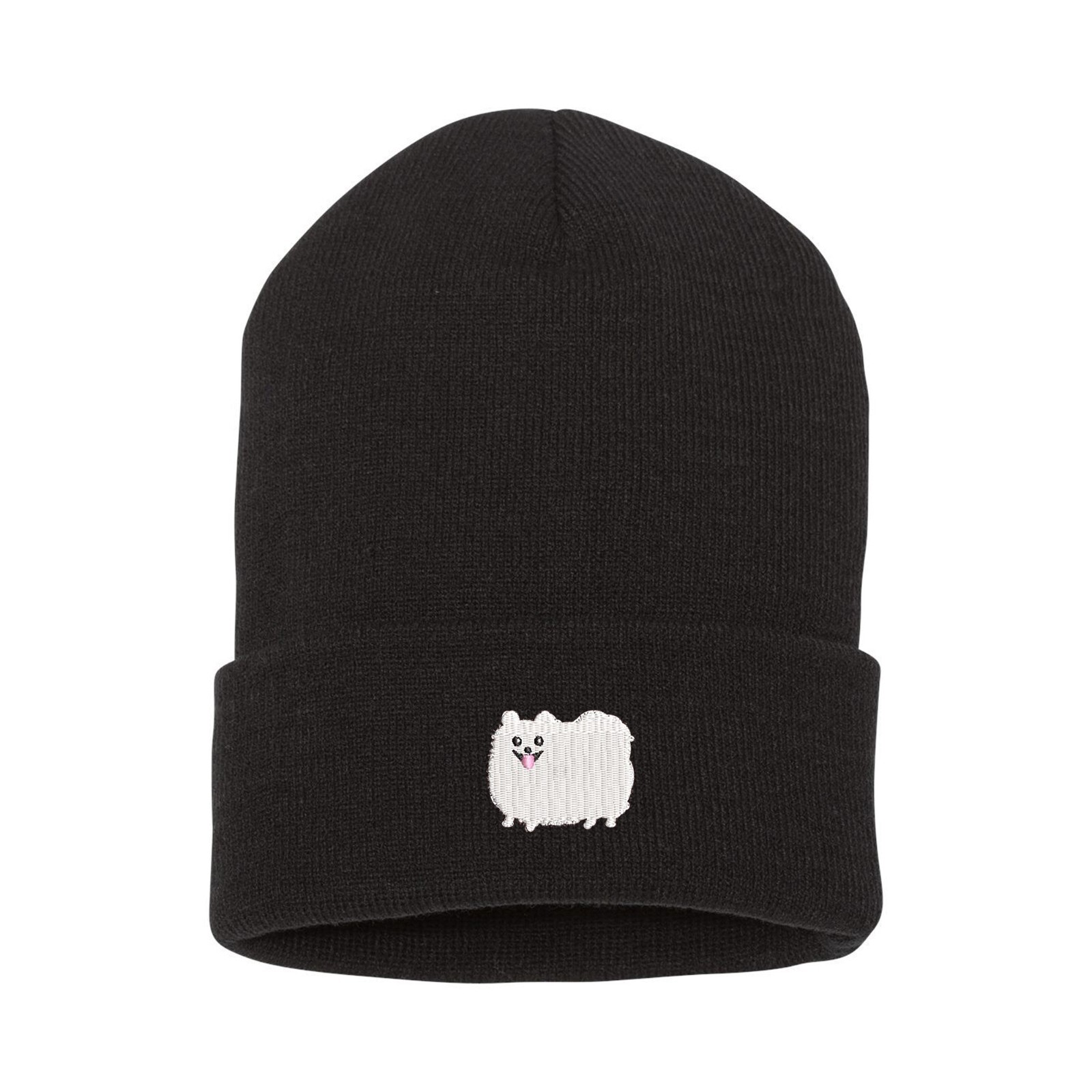 White Pomeranian dog embroidered beanie hat, embroidery winter beanie