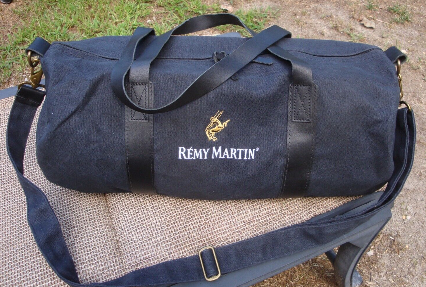 REMY MARTIN COGNAC Mens Black Duffel Bag Travel Tote Gym Canvas Leather Carry On