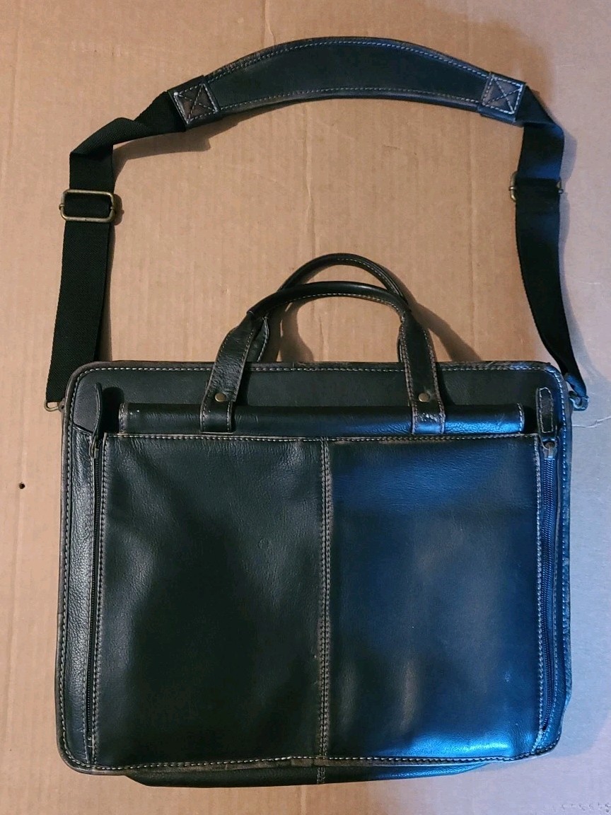 Black Rivet Distressed Black Leather Shoulder Bag Briefcase Vintage Look