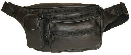 Black Genuine Leather Fanny Pack Waist Pouch with Cellphone Pocket & Adjustable