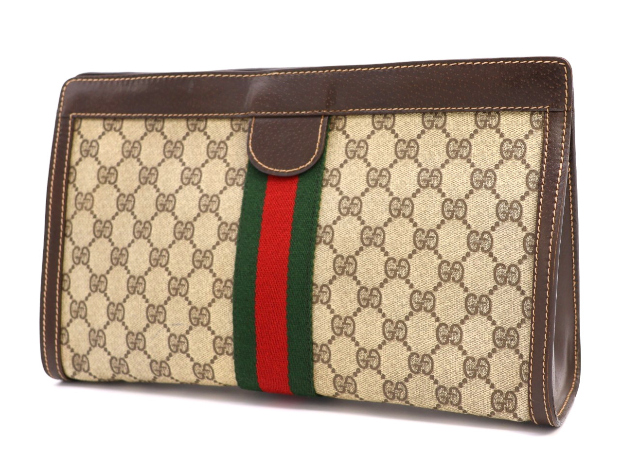 GUCCI VINTAGE Web Stripe Clutch Bag GG Supreme Brown Extra Large Authentic