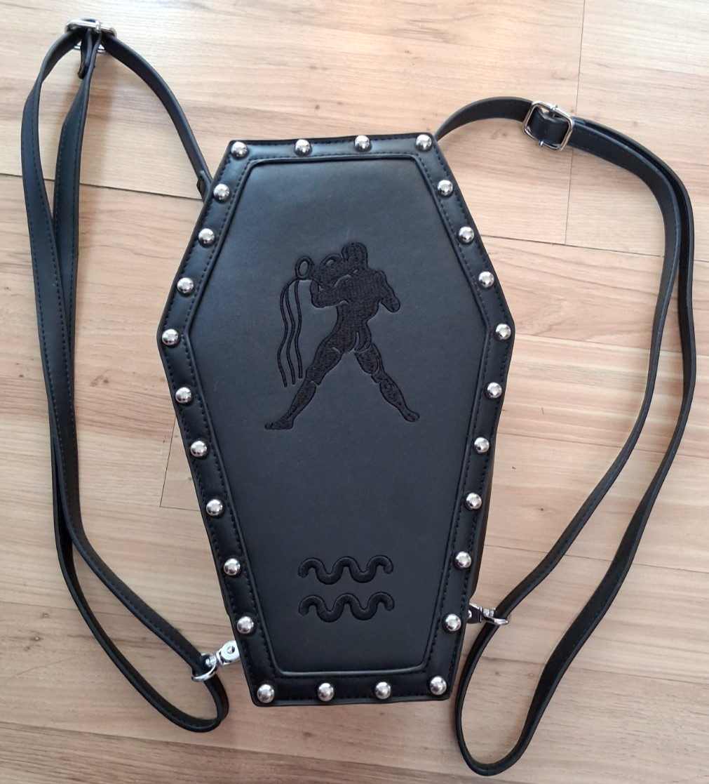 Black Coffin Style Gothic Backpack w/ Embroidered Aquarius Zodiac & Metal Studs