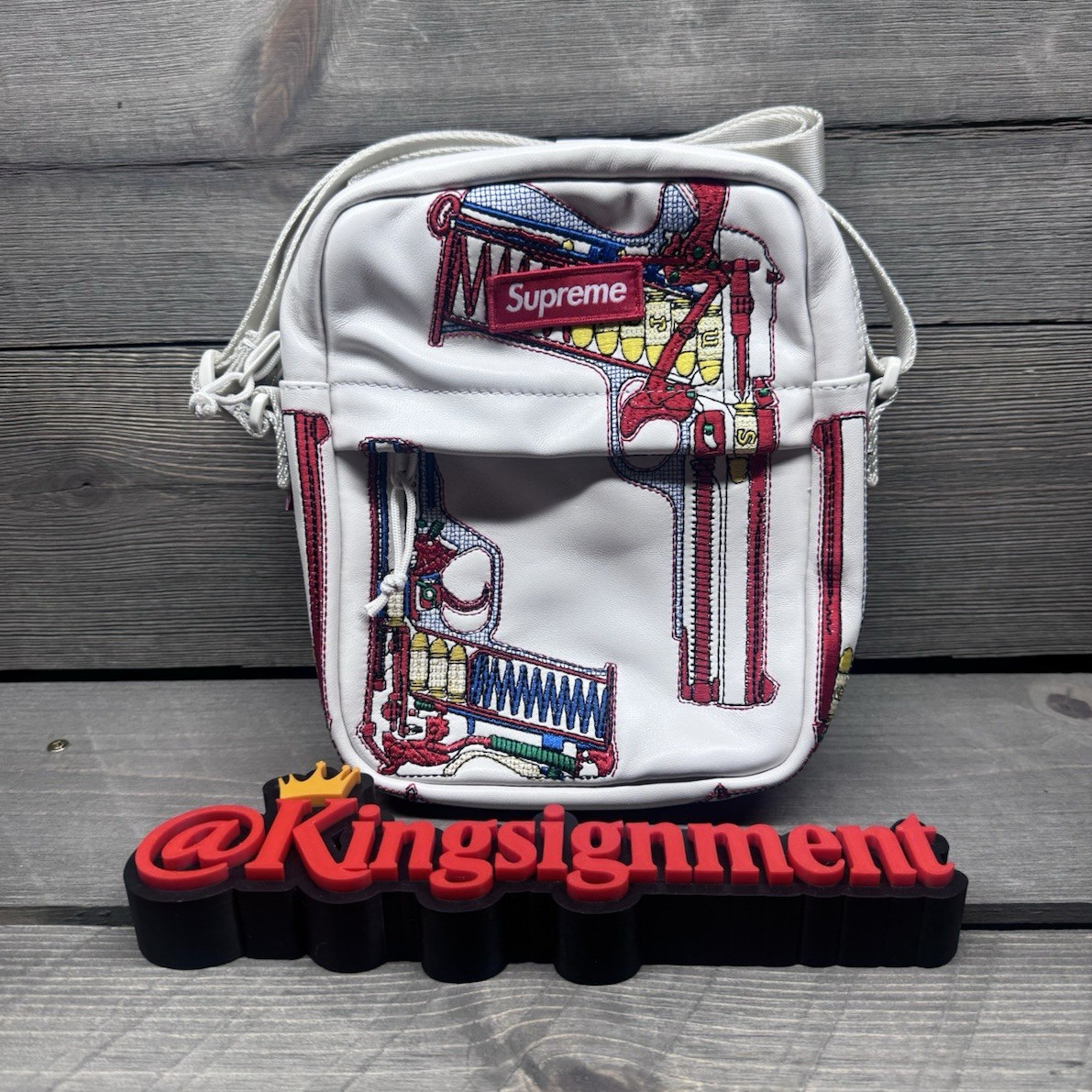 Supreme Leather Embroidered Guns Art Dealer Shoulder Bag