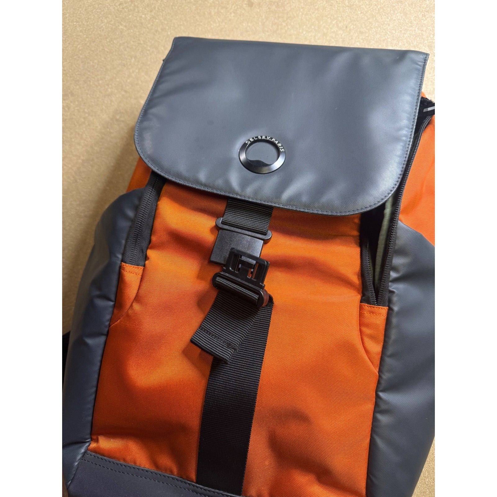 Delsey Orange Gray Tech Backpack Water Resistant Laptop Travel School Bag