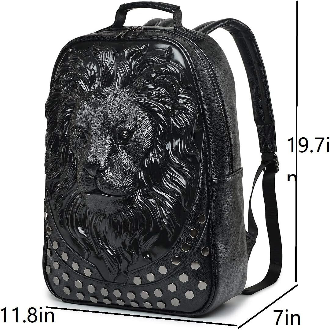 3D Lion Backpack Designer Vegan Leather Rivets Black Large Unique Attractive New