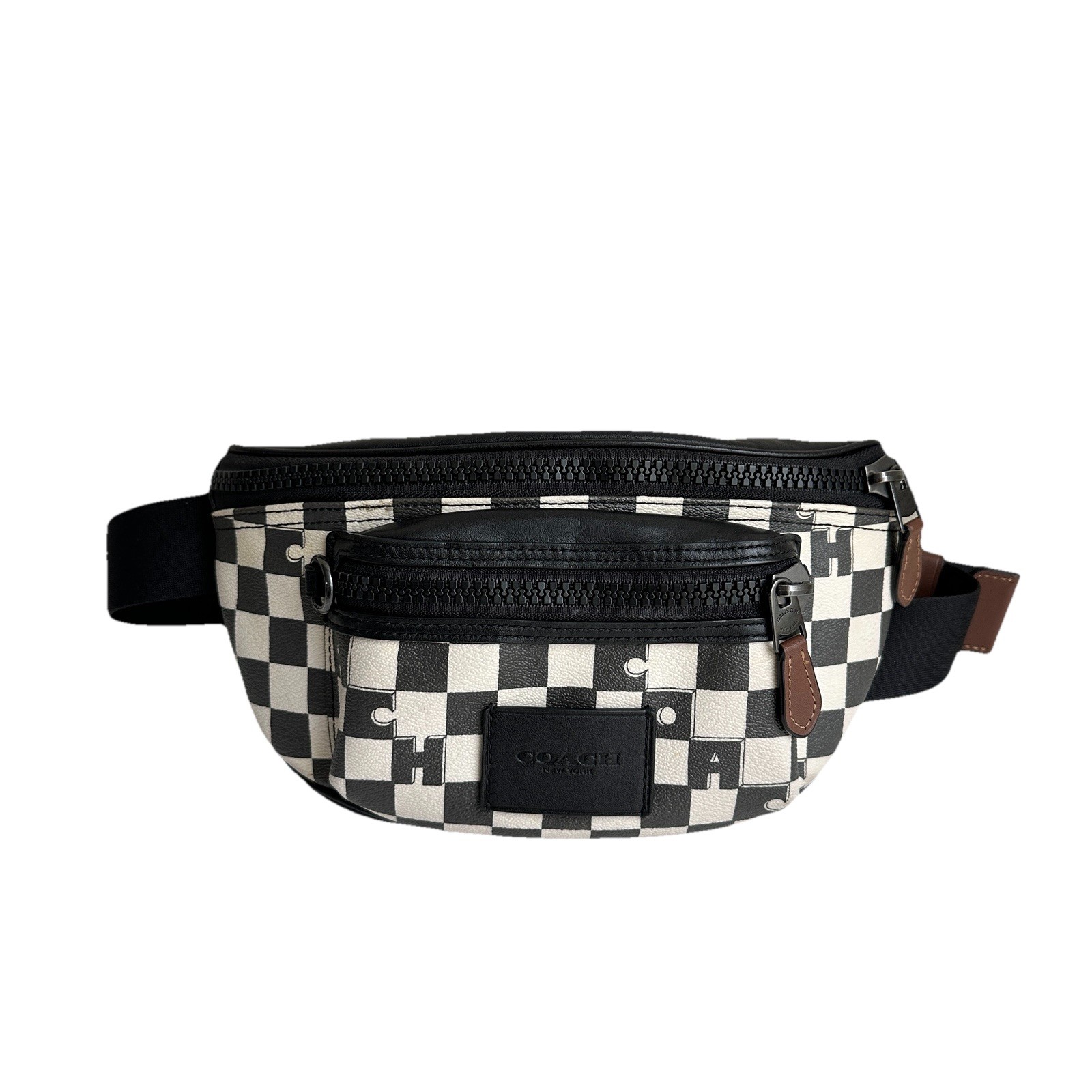 Coach Westway Belt Bag Checkered Black White Print PVC Leather Waist Pack