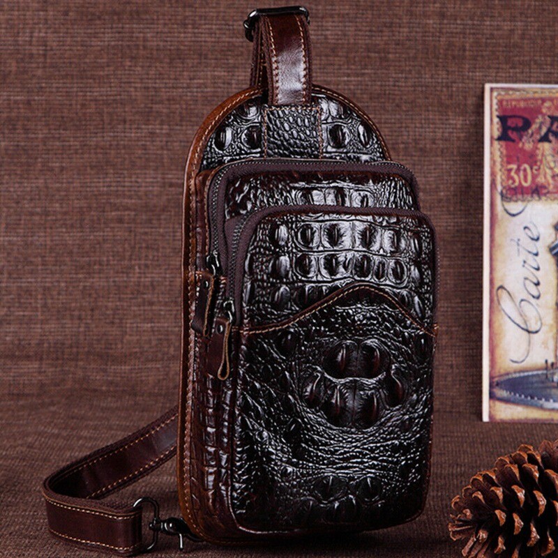 Cowhide Leather Men’s Chest Bag Crocodile Pattern Crossbody bag Sling Backpack