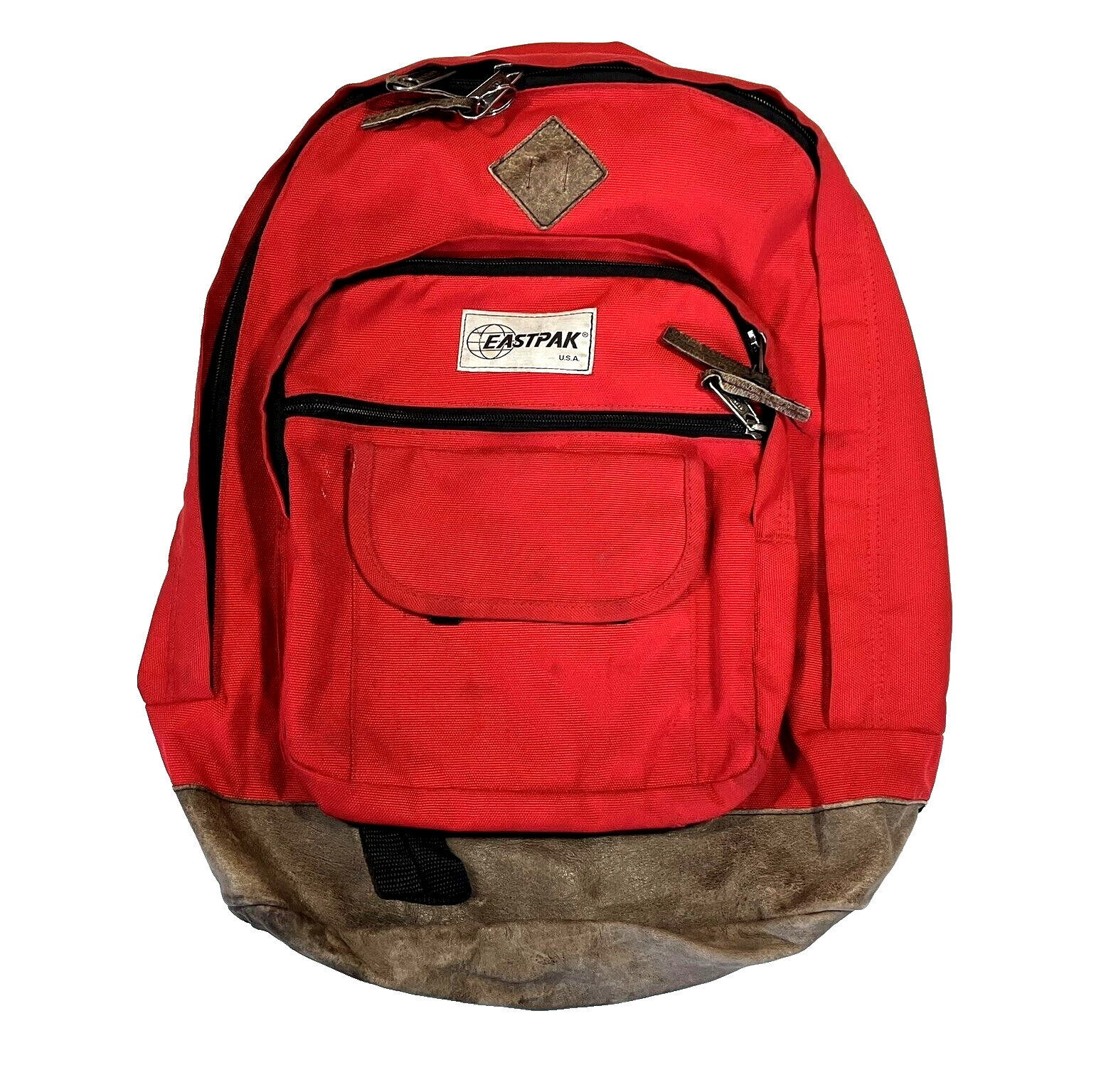 Vtg 90s EASTPAK USA Red/Brown LEATHER-BOTTOM BACKPACK Travel Hike Gym Gear Bag