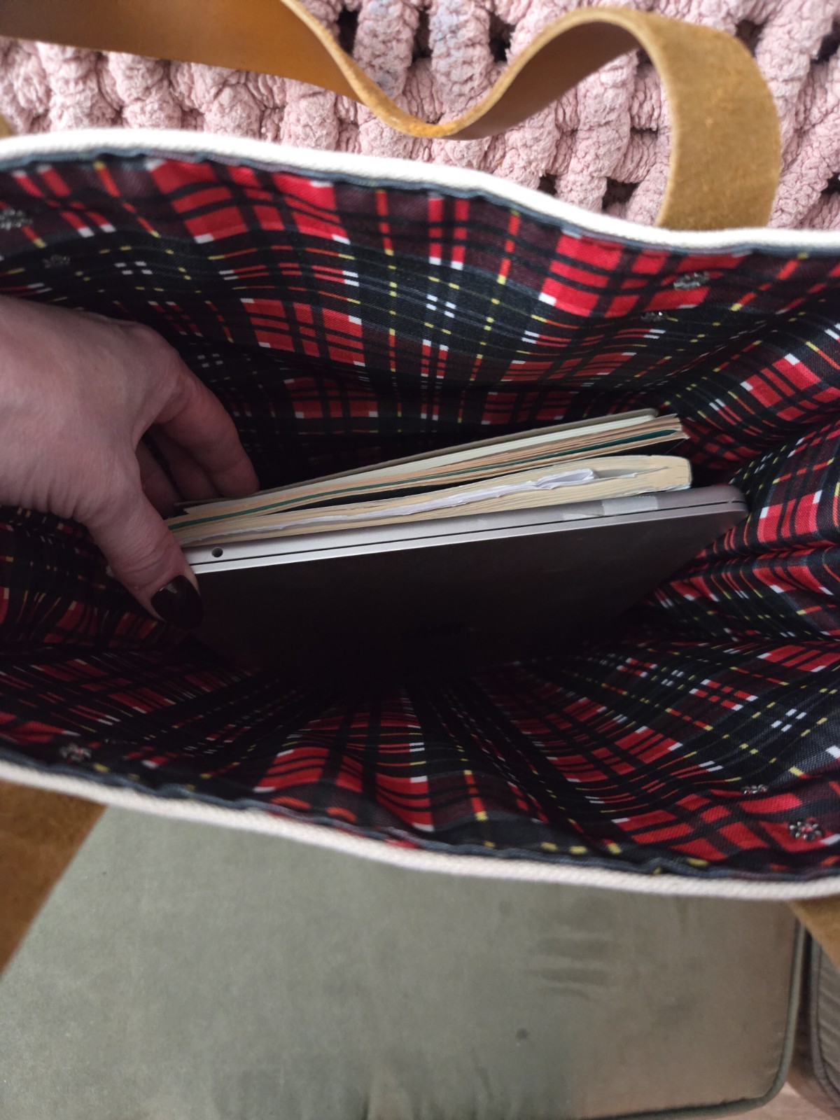 Canvas Tote Benedictine College Beige w/ Leather Handles Plaid Inside $125 MSRP