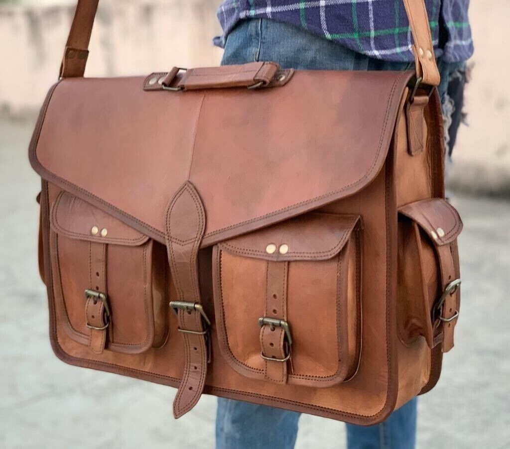 Leather Bag Office Goat Laptop Messenger Handmade Genuine Shoulder Men’s