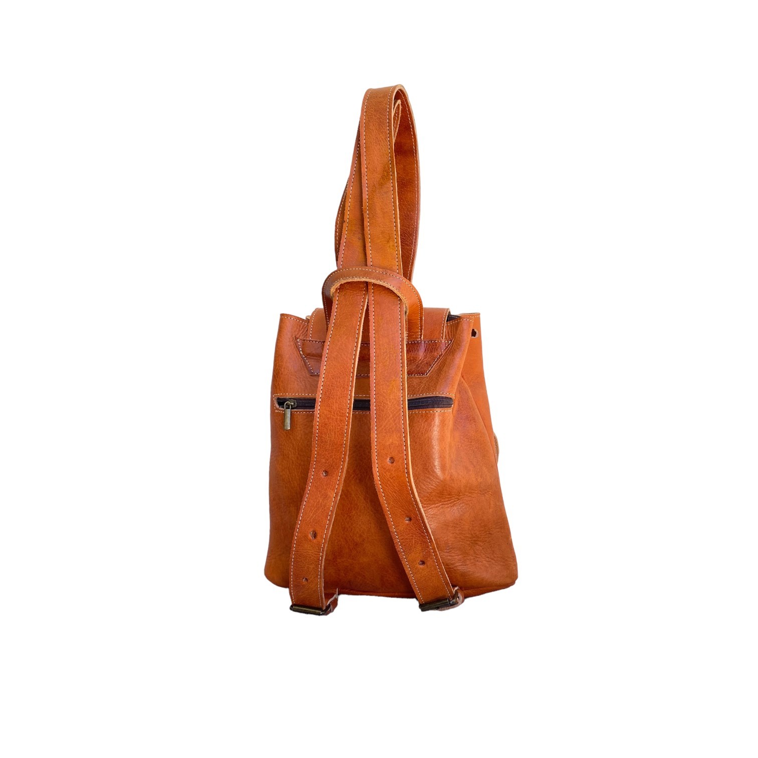 Cognac Leather Backpack Handmade Morocco 3 Pockets Belt Buckle Zip Bag