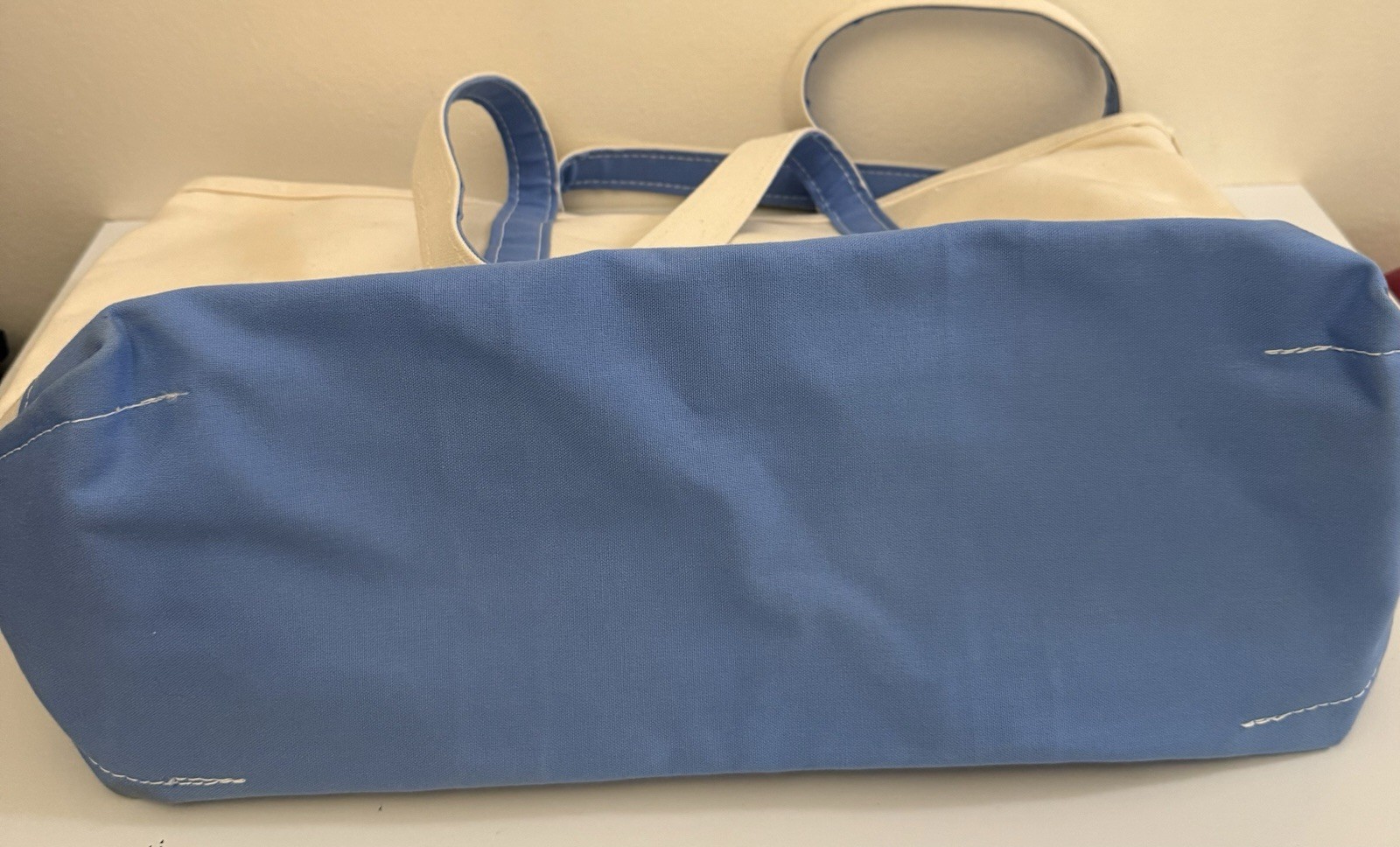L.L. Bean Boat and Tote XL Canvas Bag Ivory and Blue Trim Name Embroidered