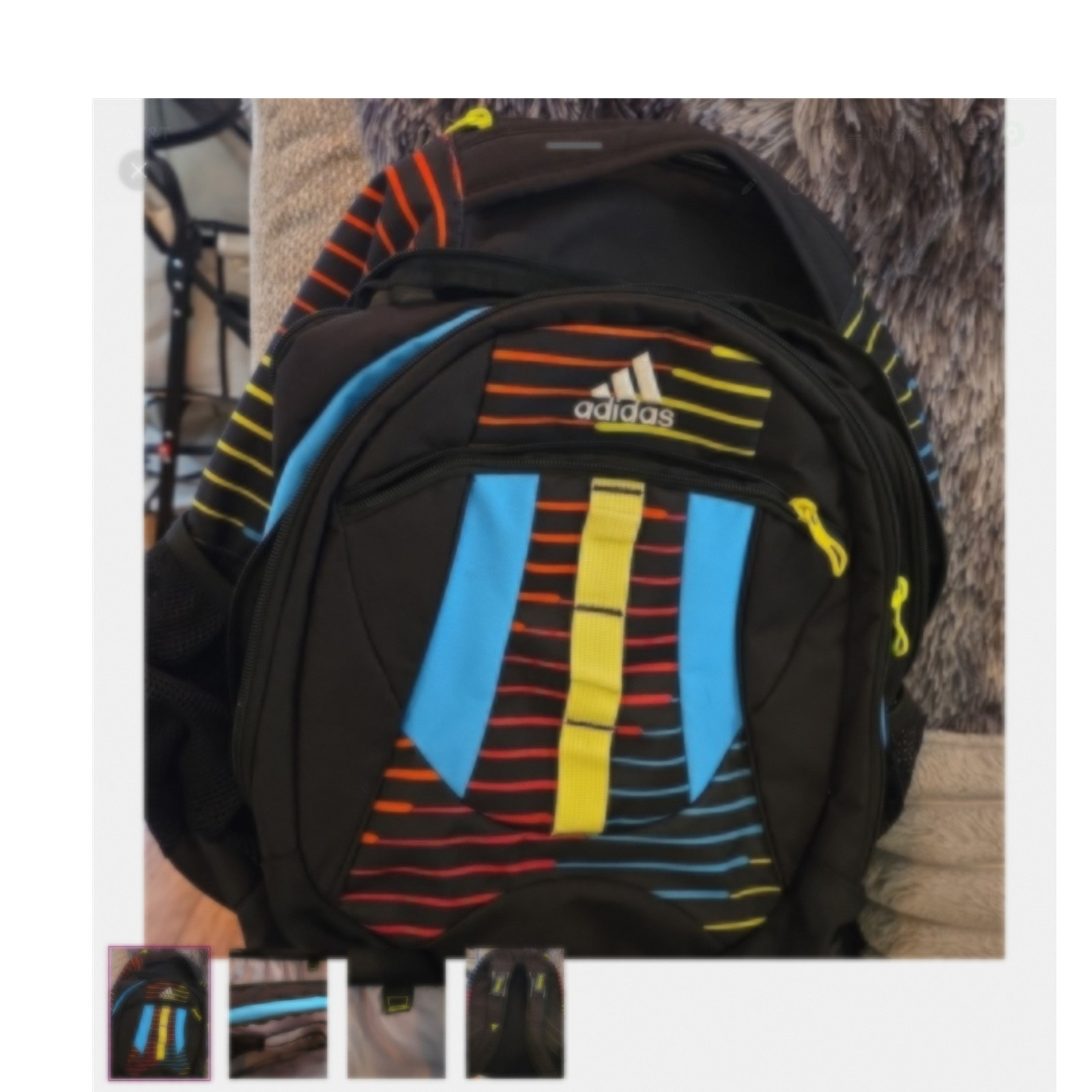 adidas Black Multicolor Striped Backpack Zip Padded Outer Pockets Medium
