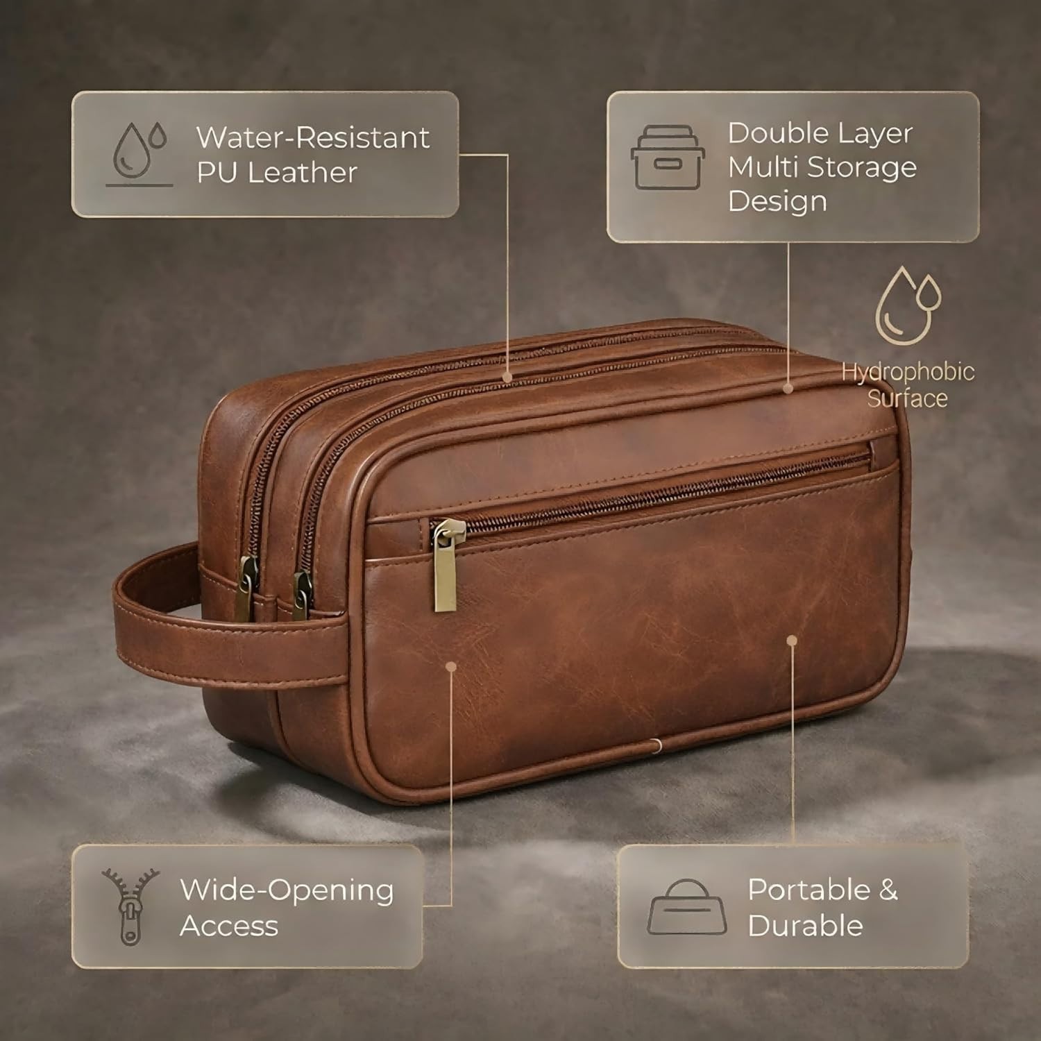 Men’s Toiletry Bag Travel Dopp Kit – double-deck PU Leather Water-Resistant S…