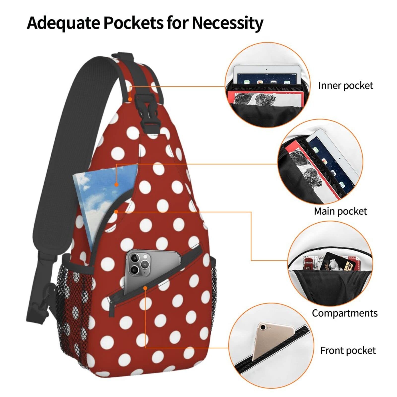 Cute Red White Polka Dot Sling Backpack Travel Hiking Daypack Crossbody