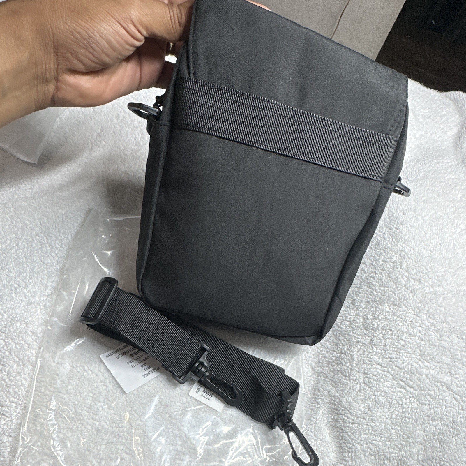 Men’s Black Small Crossbody Bag Flap Buckle/Zip, Adjustable Strap, Zip Pocket