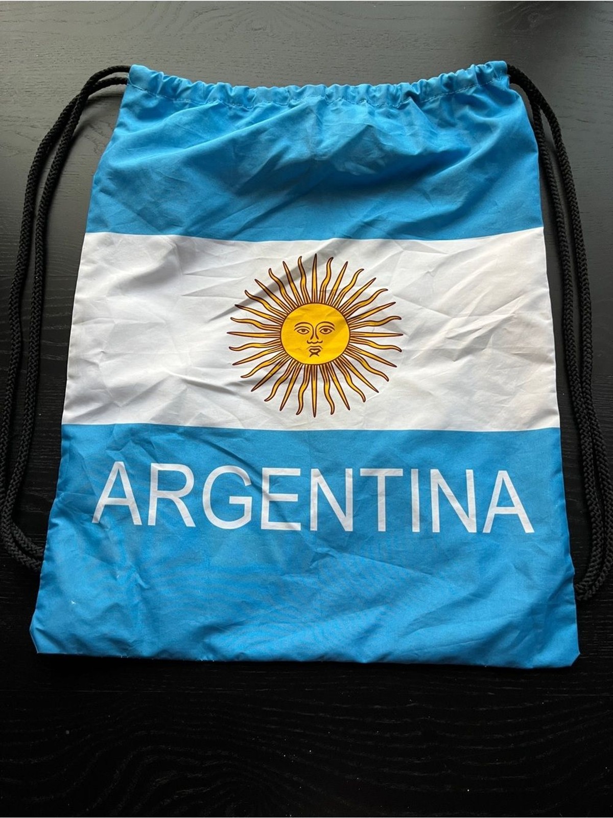 Argentina Drawstring Travel Bag – Light Blue White Sun of May 15″x18″