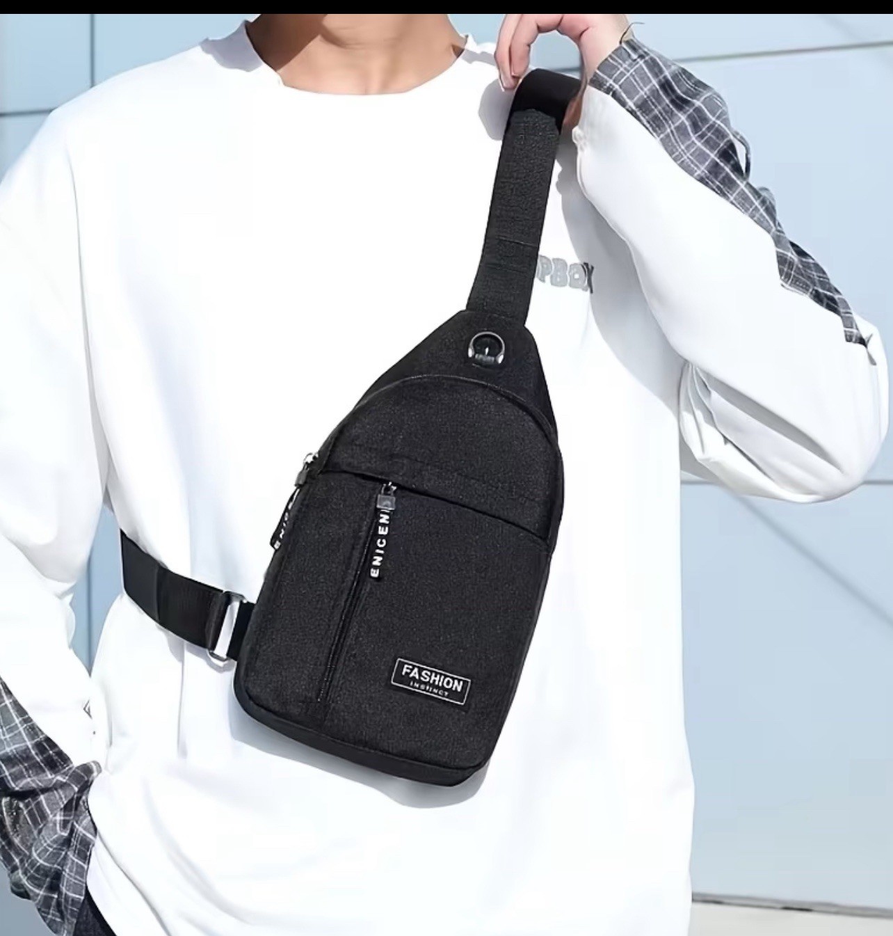 Unisex Adults Sling Crossbody Chest Bag Zip Closure Solid Black Casual Travel