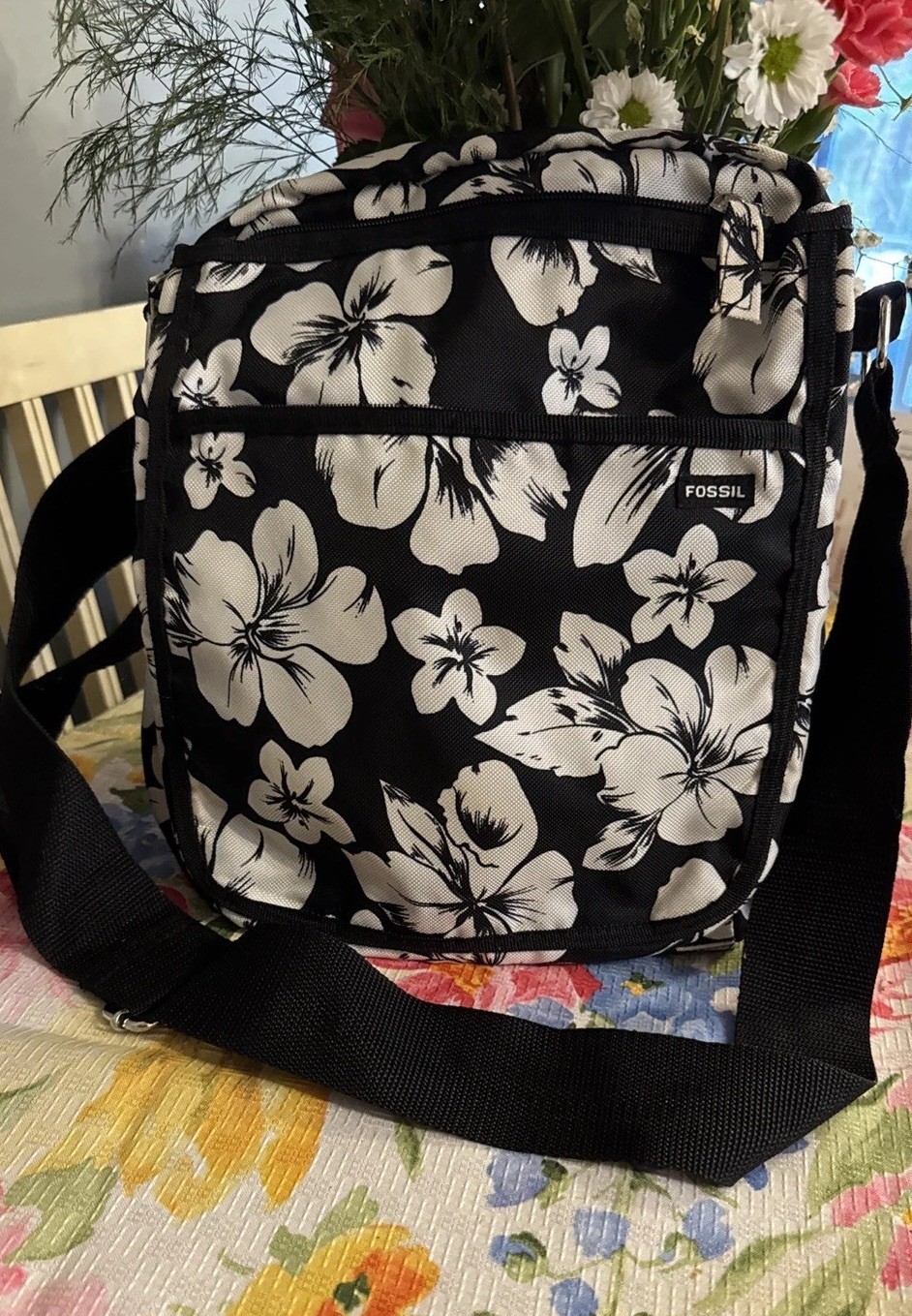 Fossil Messenger Bag Work Travel Crossbody Durable Black and White Floral Nylon