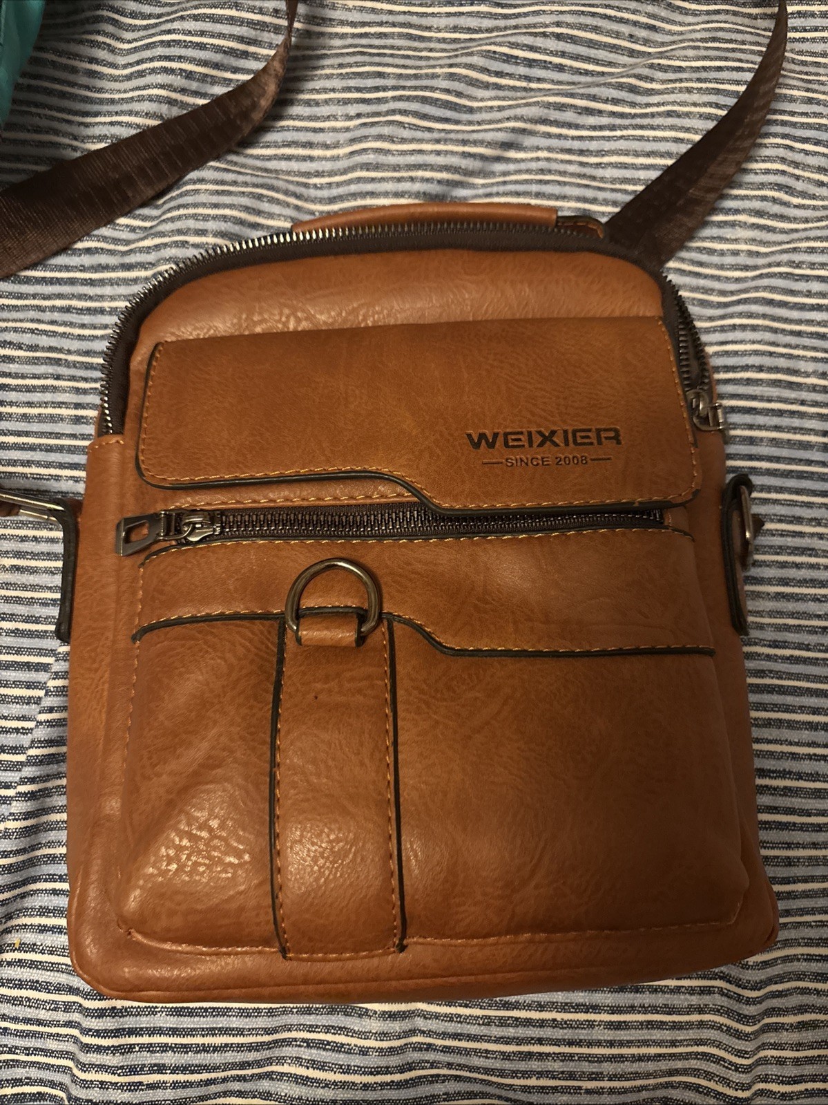 WEIXIER Brown Solid Crossbody Bag for Men, Shoulder Strap, Zip Closure