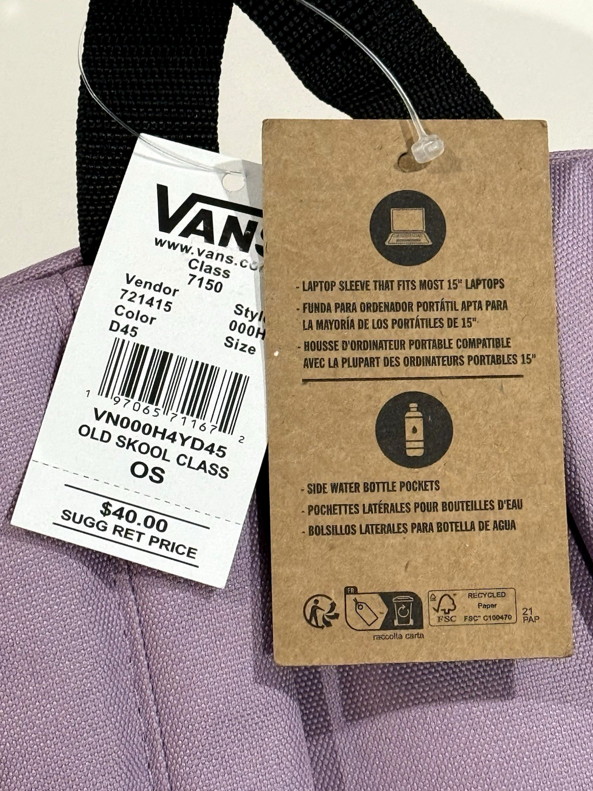New Vans Old Skool Classic Backpack LILAC School Laptop Pocket