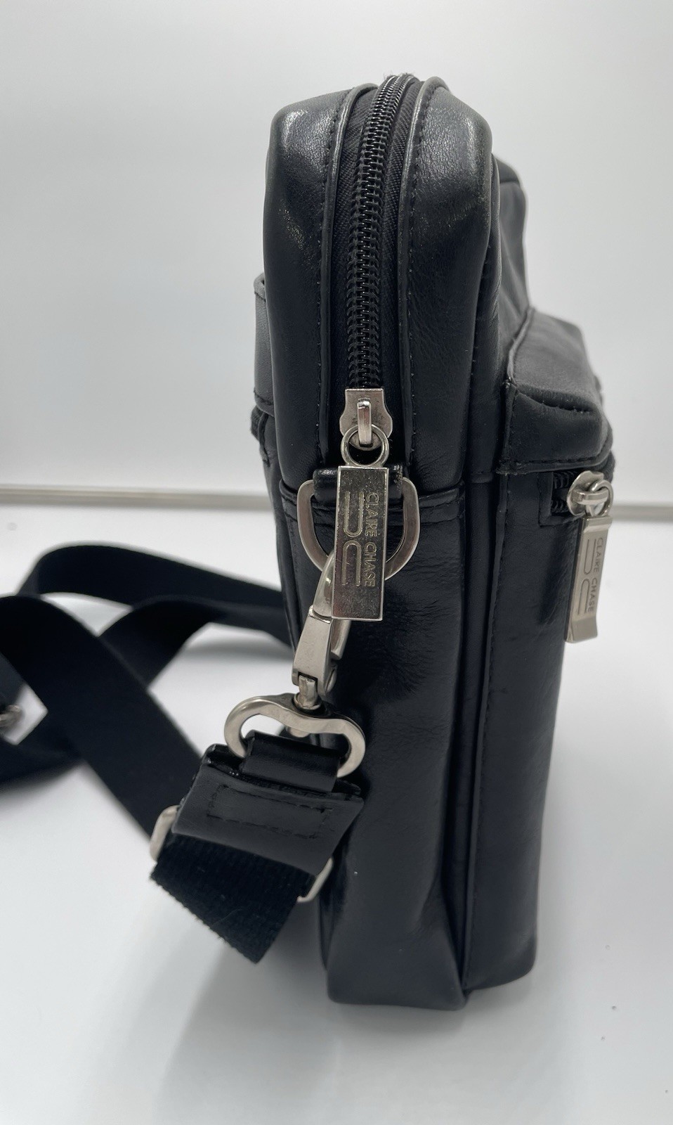 Claire Chase Black Leather Vertical Crossbody Messenger Bag Medium