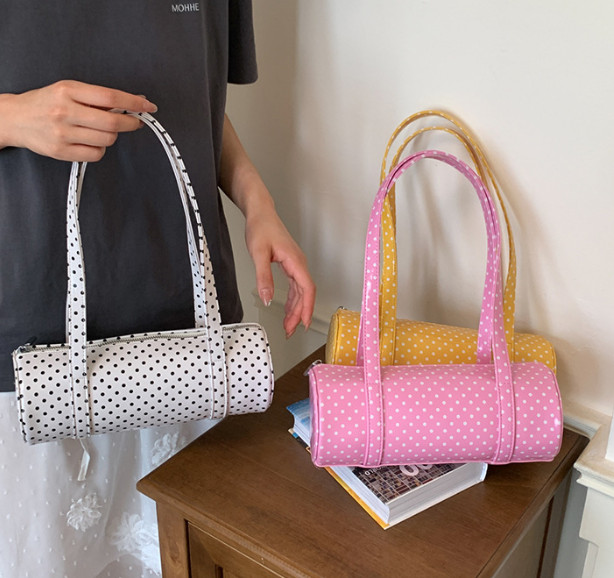 Womens Candy Color Polka Dot Barrel Bag PU Leather Shoulder Purse