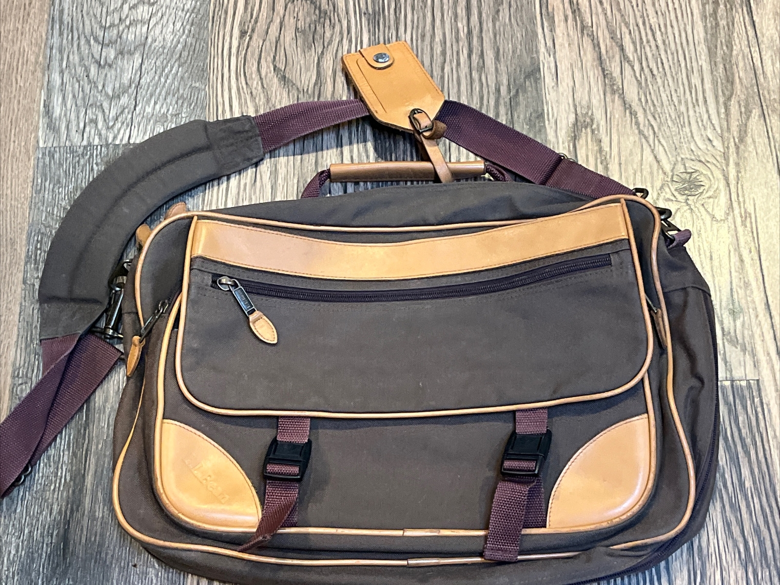 Vintage LL Bean Canvas Messenger Laptop Bag Carry On Leather Trim Brown 17.5×12