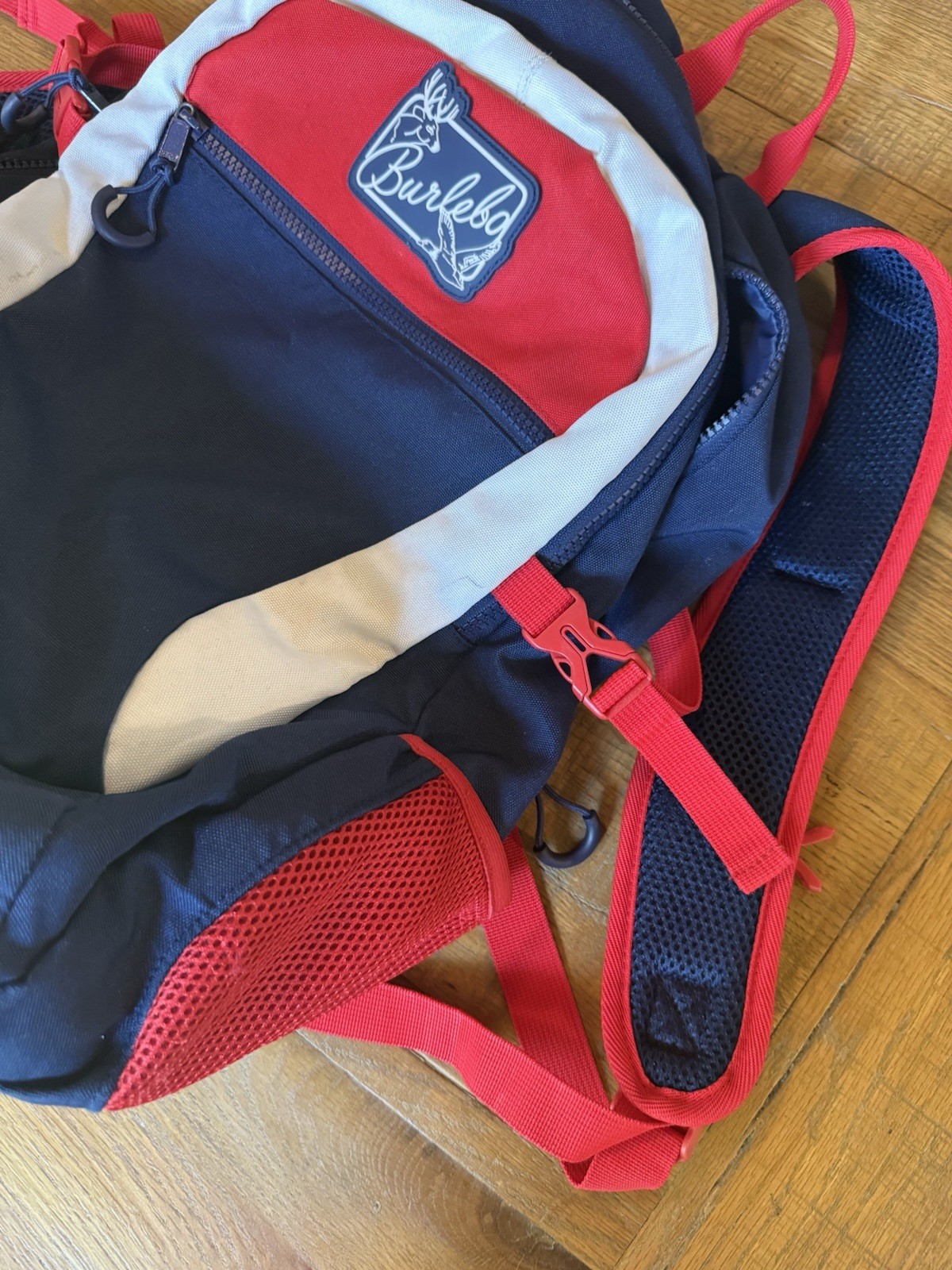 Burlebo Colorblock Zip Backpack Blue Red White Pockets Adjustable Straps