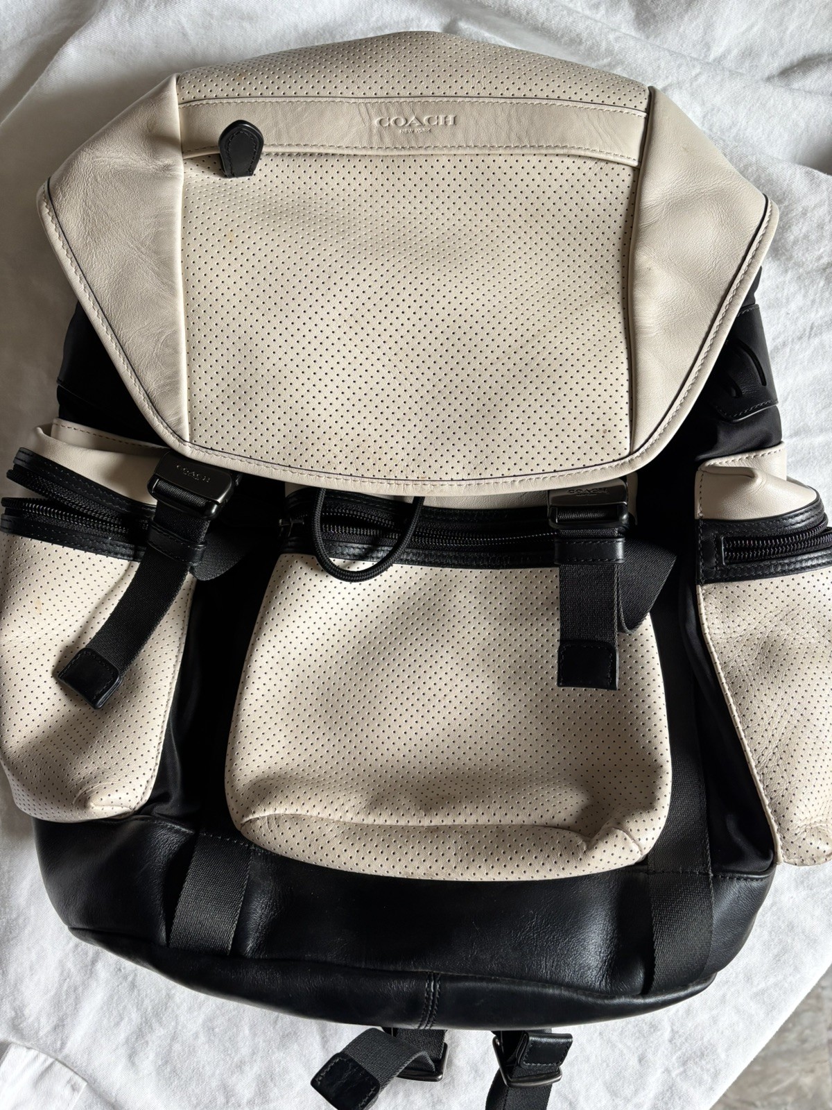 Coach Terrain Trek Backpack Perforated Leather Laptop Bag Black Chalk F57477