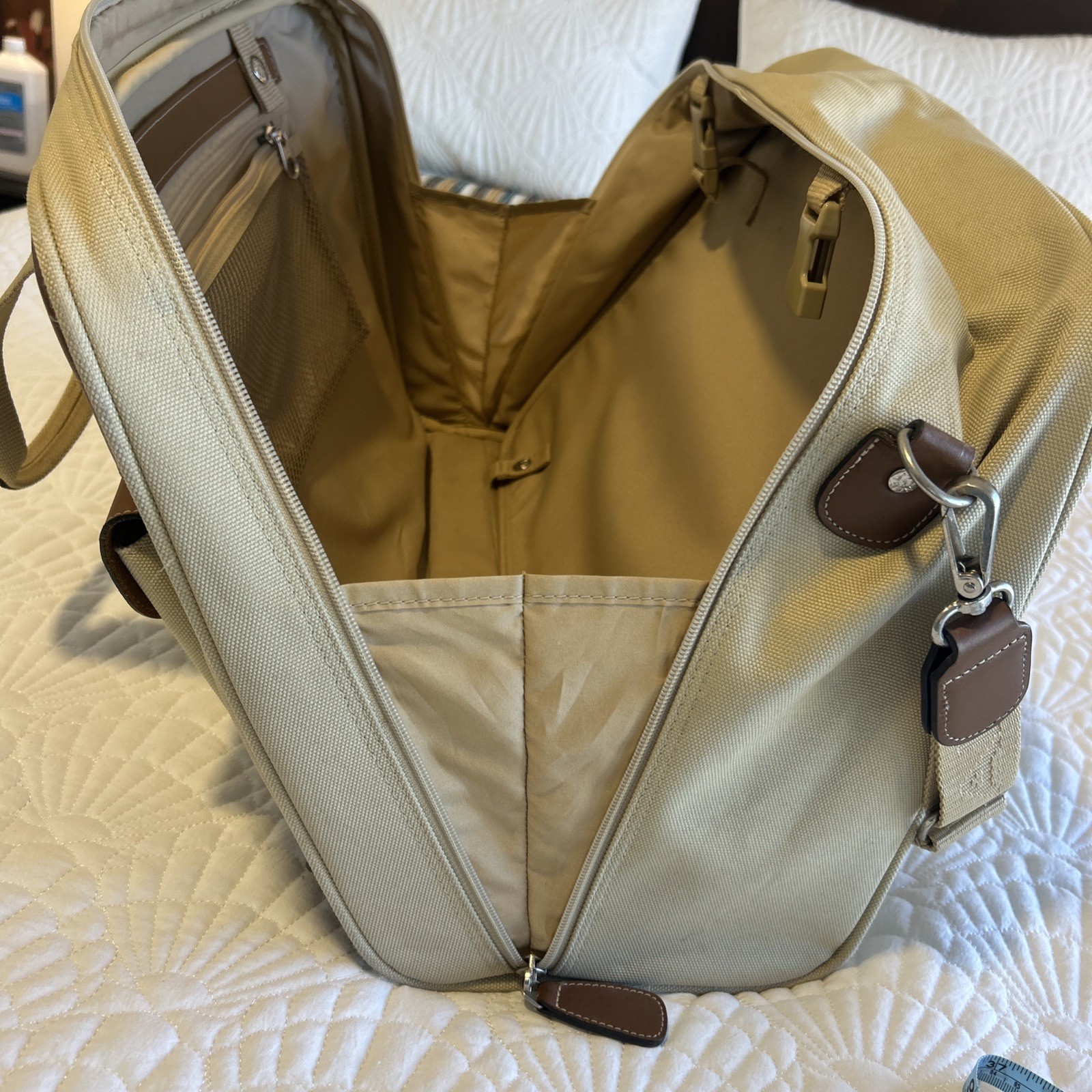 Lancel Paris Canvas Leather Weekend Carry-on Duffel Brown Tan Beige Luggage Exc