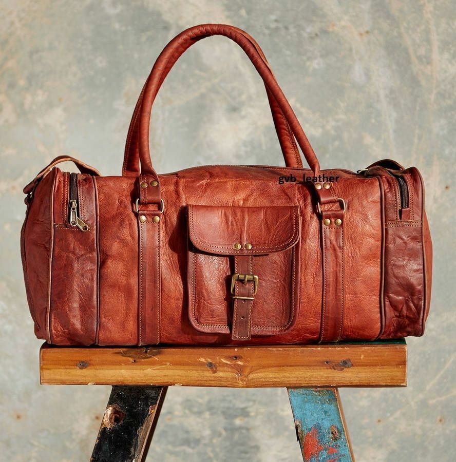 NEW Vintage Handmade Goat Leather Duffle Bag,Gym Bag,Overnight Bag Square 24″