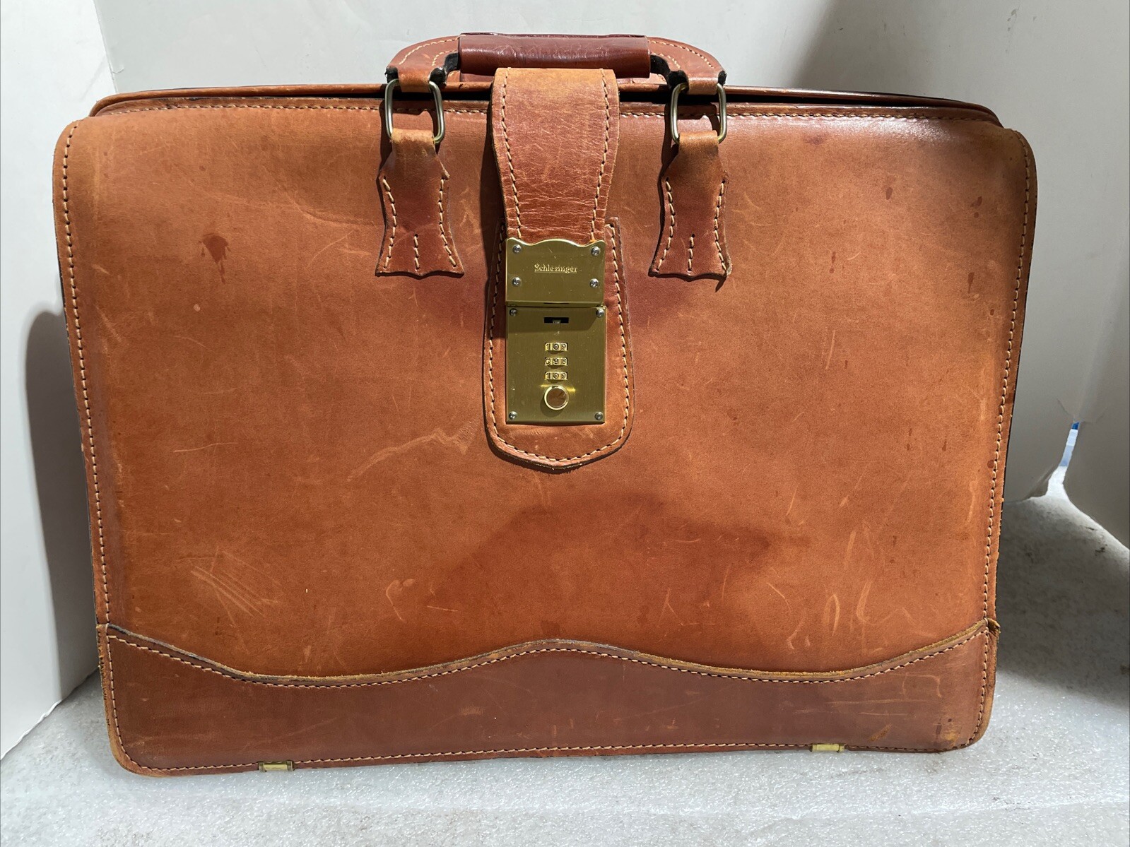 Schlesinger Leather Attache Briefcase Locking 3 dial combo 18 x 13x 7 in. Brown