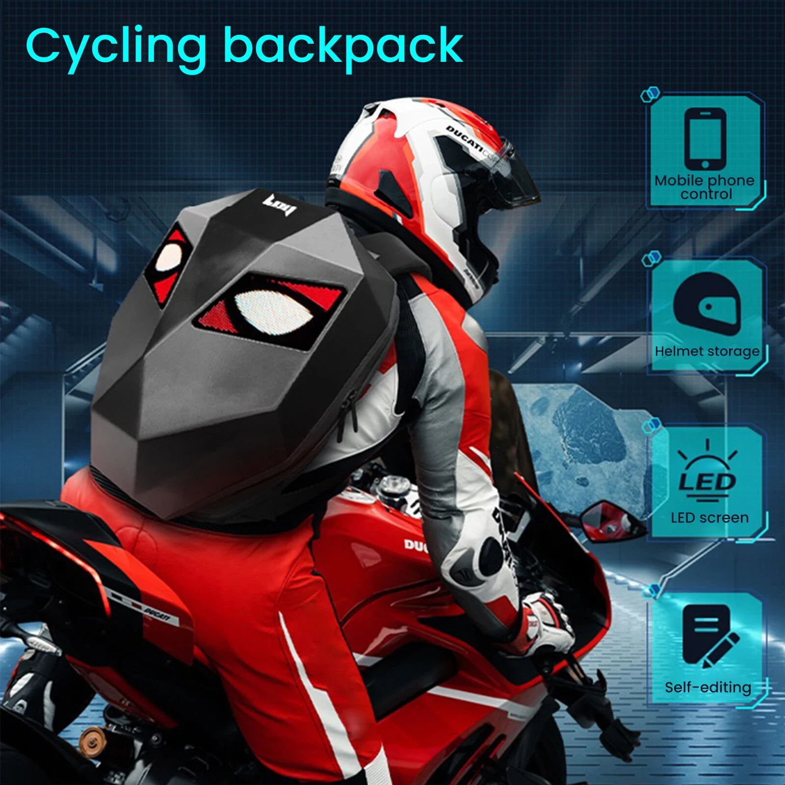 Led Backpack With Display-Motorcycle Backpack LED for Men 3D Hard Shell LED