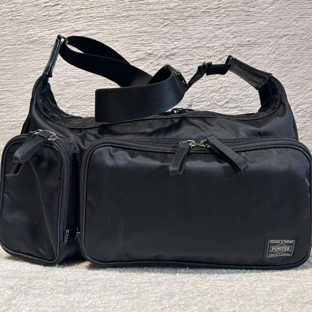 PORTER Plan Nylon Shoulder Bag Black Men Zip Woven Yoshida Kaban 35x20x14cm