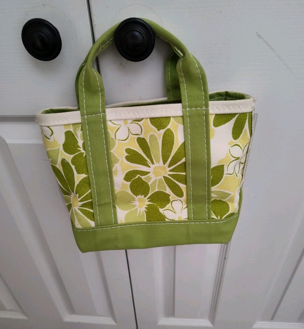 Vintage LL Bean Boat Tote Mini Bag Women Purse Zipper Green Yellow Floral Flower