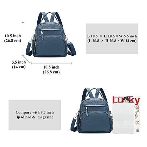 Genuine Leather Backpack for Women Small Convertible Backpack Purse Linen Blue