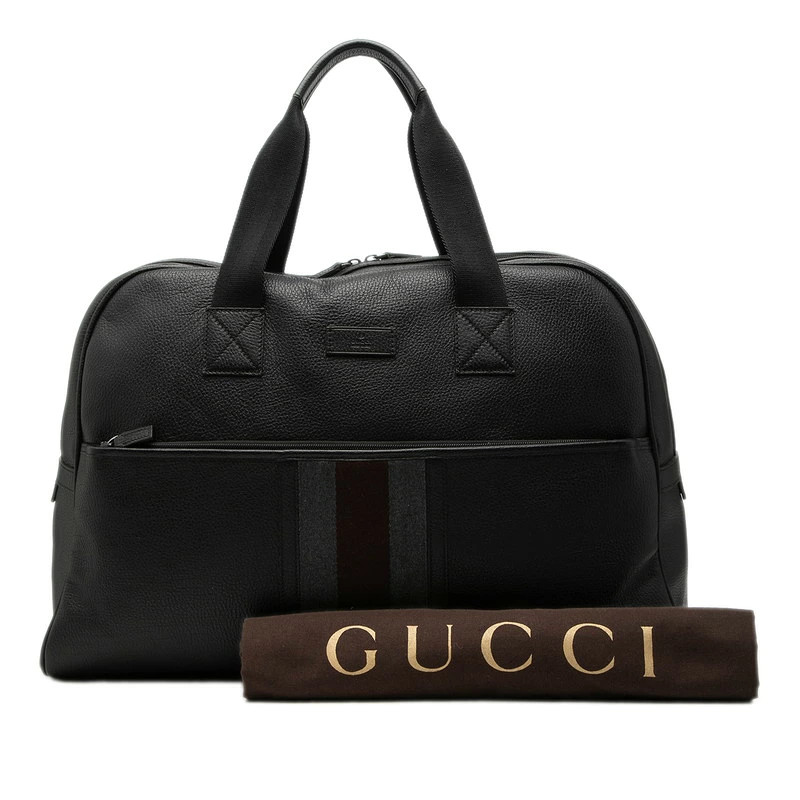 Gucci Web Sherry Line Duffle Bag 282511 Black Gray Brown Leather Used