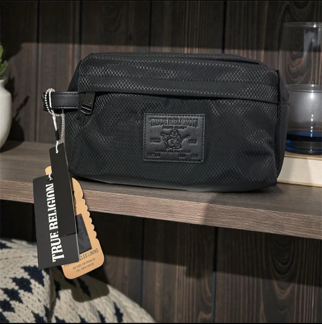 🔥 True Religion Men’s Toiletry Bag Black With Buddha Logo, 2 Travel Bottles NWT