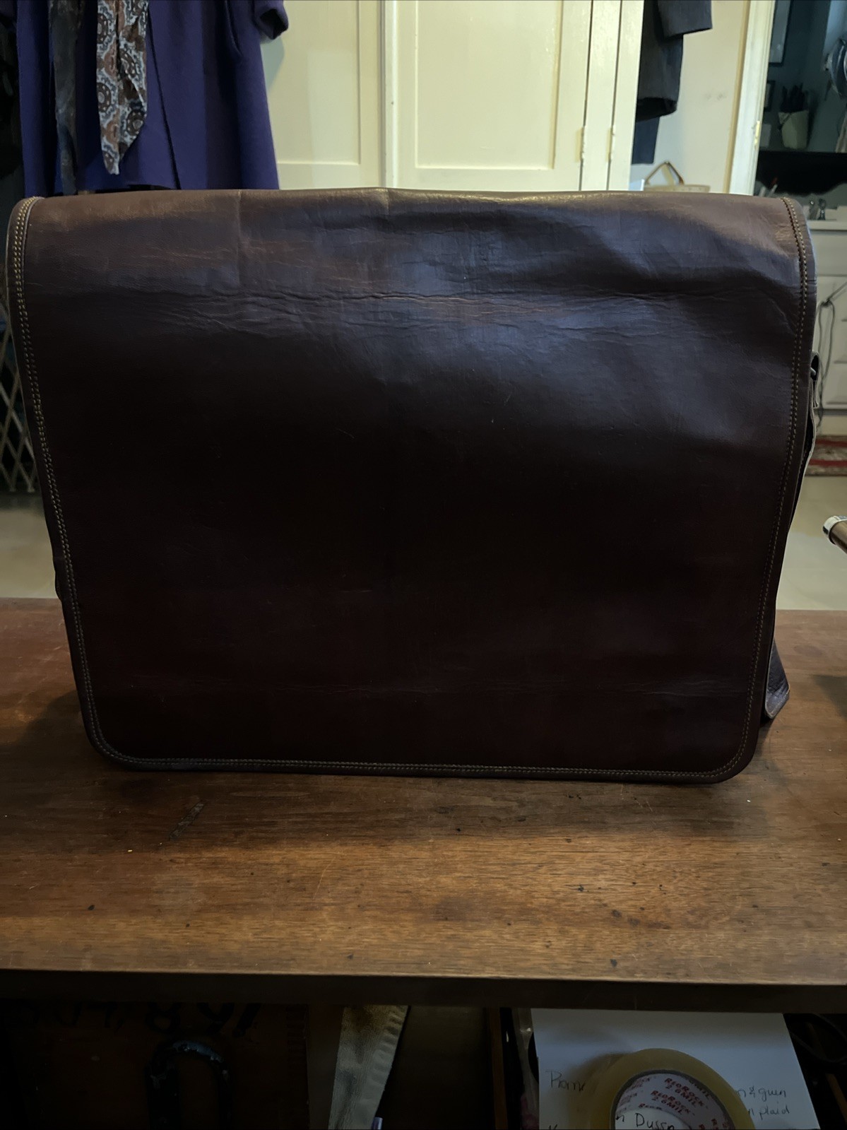 Large Leather Linen Lined Messenger Bag Laptop Brief Case Shoulder Bag Brown