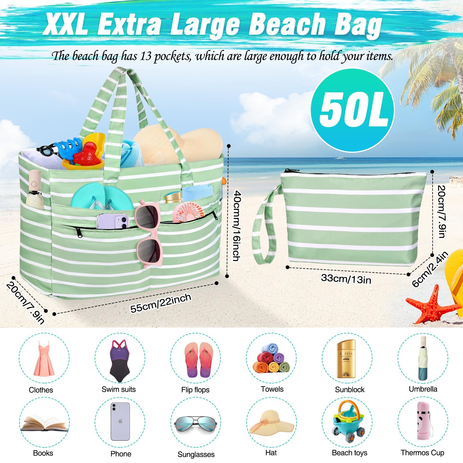 HUANLANG Extra Large Beach Bag Waterproof One Size, Light Green and White